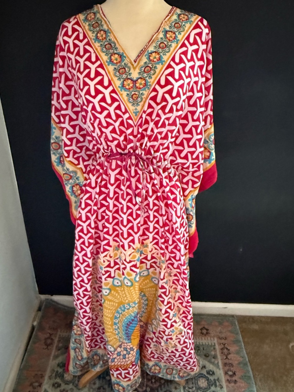 Bright Pink Printed Kaftan Maxi Dress with Peacock Swimsuit Coverup